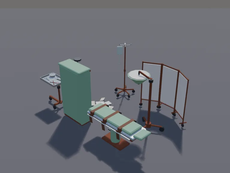 Abandoned Operating Room: a low-poly abandoned operating room set: a metal operating table with leather straps, a tilted surgical lamp on a stand, a tray of simple tools, a…