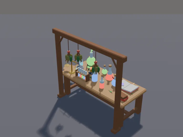 Alchemists Table: a low-poly alchemist's table: a heavy wooden table crowded with glass flasks of glowing red, blue and green liquids, a mortar and pestle, a brass scale, a…