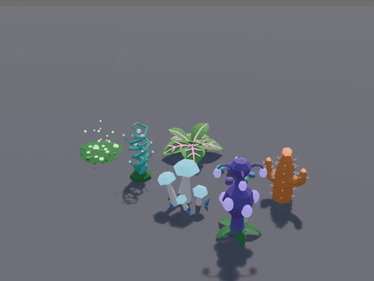 Alien Bioluminescent Plants: a set of low-poly alien plants: a tall bulbous plant with glowing purple pods, a spiral tendril plant in teal, a cluster of crystal-like blue…