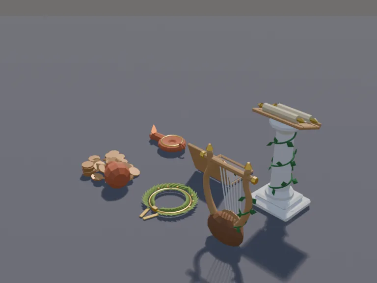 Ancient Greek Items Set: a low-poly ancient items set: a lyre, a scroll on a stand, a laurel wreath, a pile of bronze coins, an oil lamp and a wax writing tablet.