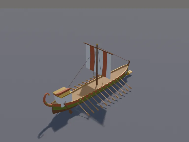 Ancient War Galley: a low-poly ancient warship: a long wooden galley with a single square sail, rows of oars along each side, a bronze ram at the bow, a painted eye on the prow…