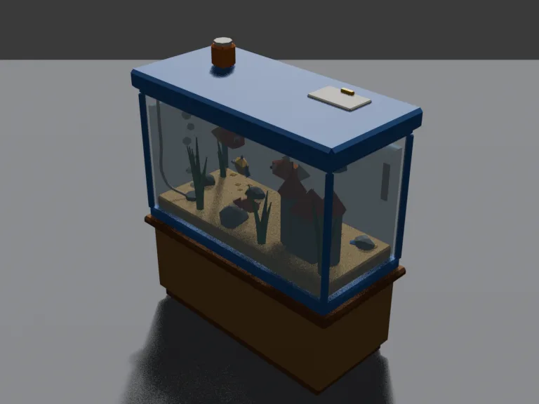 Aquarium Display Tank: a low-poly aquarium display tank: a large glass tank on a wooden cabinet, colourful fish inside among plants, a small castle ornament and rocks on the…