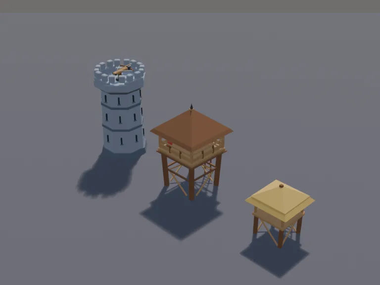 Archer Tower Upgrades: a low-poly archer tower in three upgrade levels, side by side: a simple wooden platform on stilts with a straw roof and one bow rack, a taller wooden…