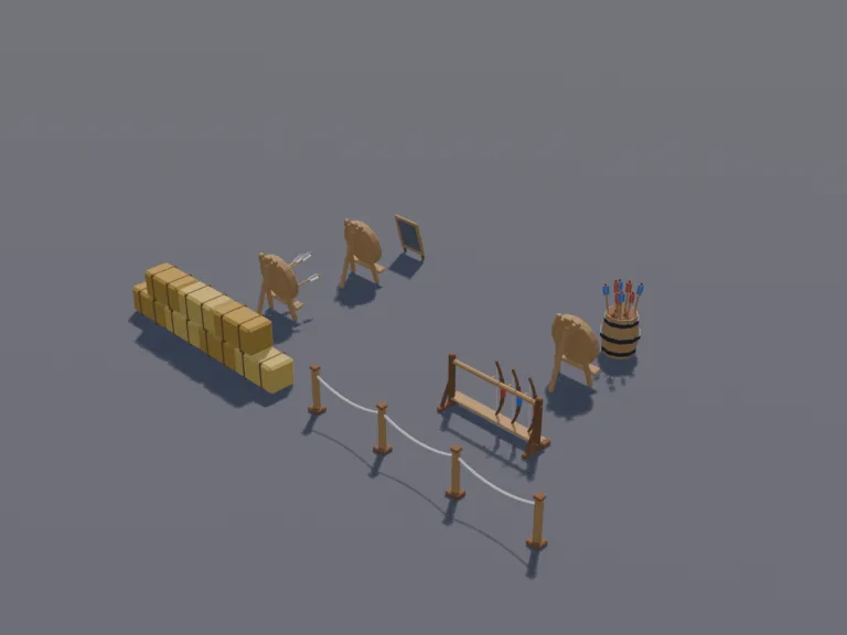 Archery Range Set: a low-poly archery range set: three round straw targets on wooden easels with red, white and blue rings, one with arrows stuck in it, a wooden rack holding…