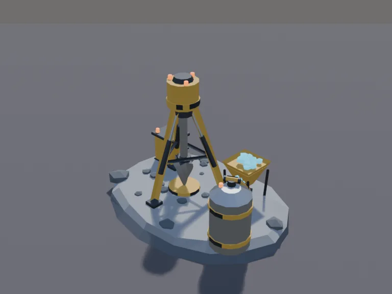 Asteroid Mining Drill Rig: a heavy tripod frame with a big drill bit that is its own part so it can spin, a hopper filling with glowing ore chunks, a conveyor arm leading to a…