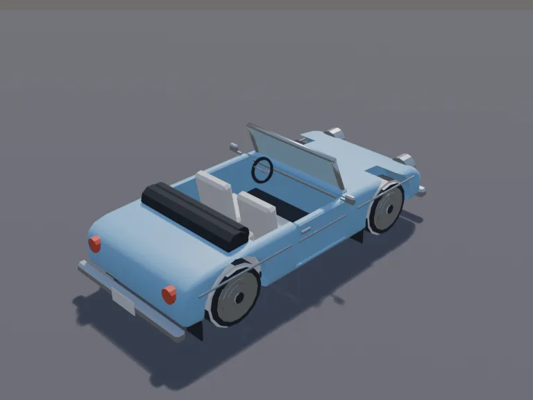Baby Blue Convertible: a low-poly convertible: a two-door open-top car with the soft top folded down, cream leather seats, chrome trim, round headlights, whitewall tyres,…
