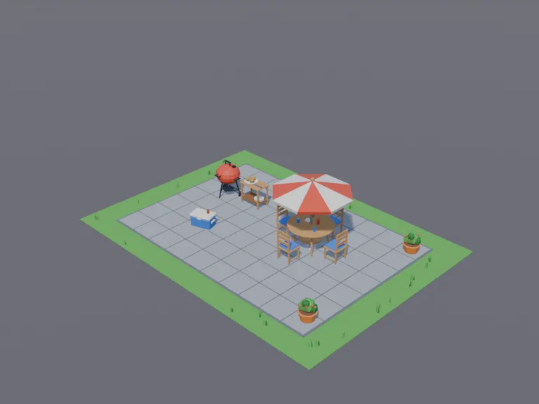 Backyard BBQ Patio: a low-poly barbecue and patio set: a big kettle grill with a lid that is its own part, a side table with tongs and a plate of burgers, a patio table with an…