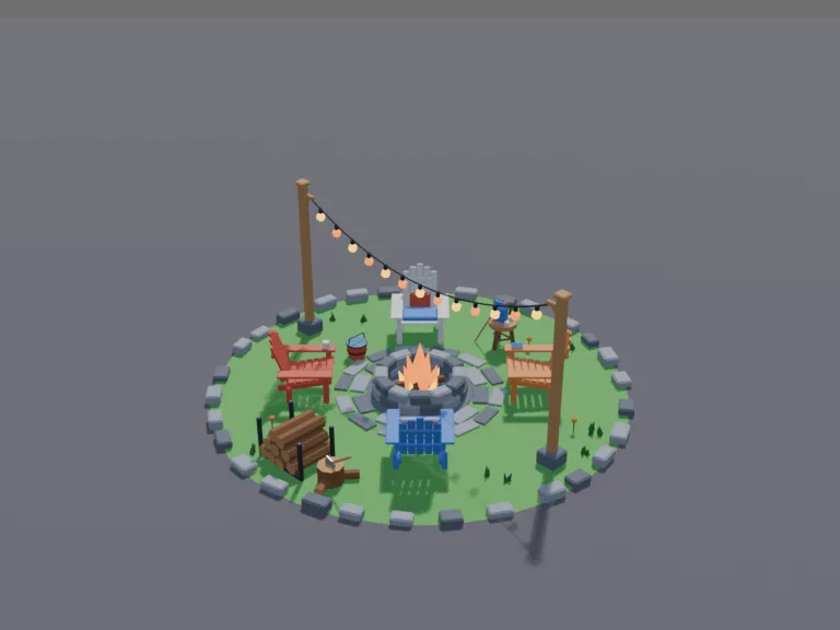 Backyard Fire Pit Set: a low-poly backyard fire pit set: a round stone fire pit with flames, four Adirondack chairs around it, string lights on two posts above, a stack of…