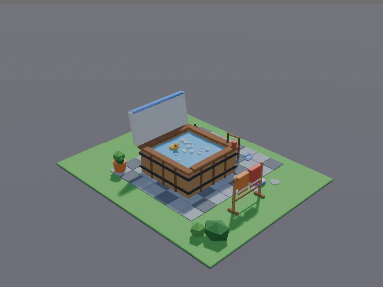 Backyard Hot Tub: a low-poly backyard hot tub: a square wooden hot tub with bubbling blue water, a lid folded to one side, steps up to its edge, two towels on a rack and a…