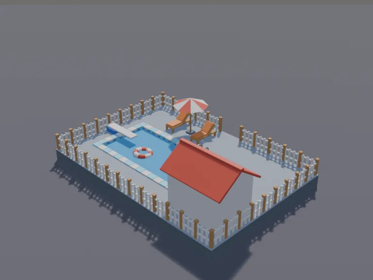 Backyard Pool House: a low-poly backyard swimming pool: a rectangular in-ground pool with light blue water, a tiled edge, a ladder, a diving board, two lounge chairs, a pool…