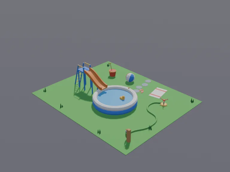 Backyard Summer Play Set: a low-poly kids' summer set: a round inflatable paddling pool with water, a garden sprinkler on a hose, a bucket and spade, a beach ball and a small…