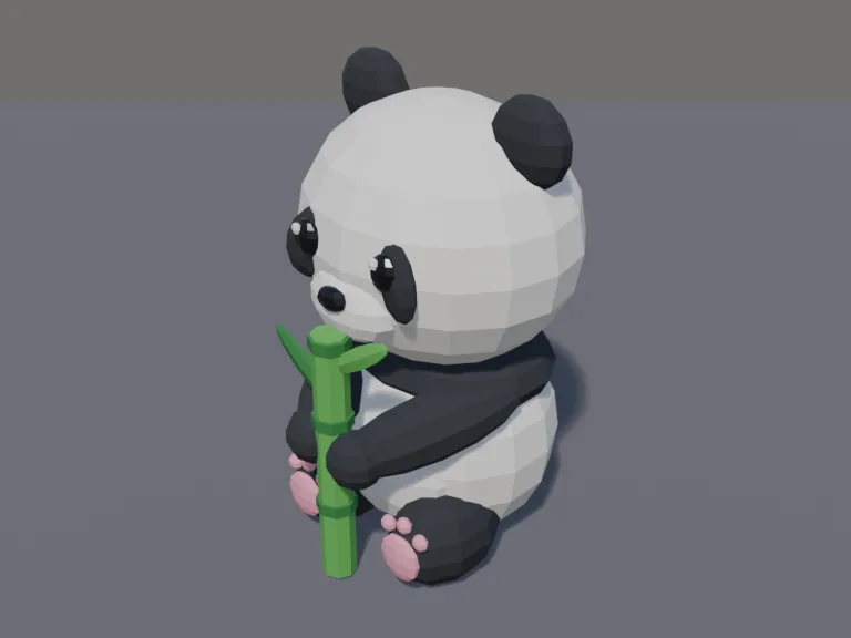 Bamboo Hug Panda: a cute chunky low-poly panda pet sitting on its bottom and hugging a short bamboo stalk with two leaves: a big round head with round black ears, black eye…