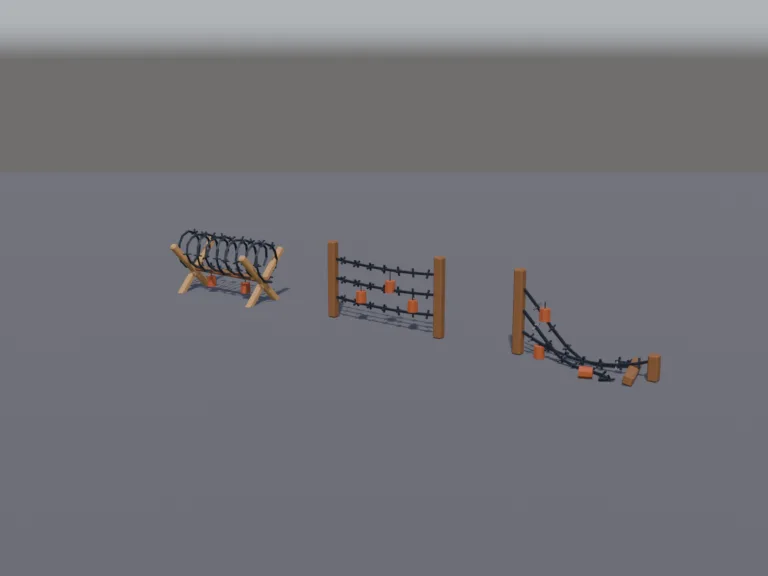 Barbed Wire Set: a low-poly barbed wire set: a coil of barbed wire on wooden X-frames, a straight fence section of barbed wire between posts, and a broken section sagging to…