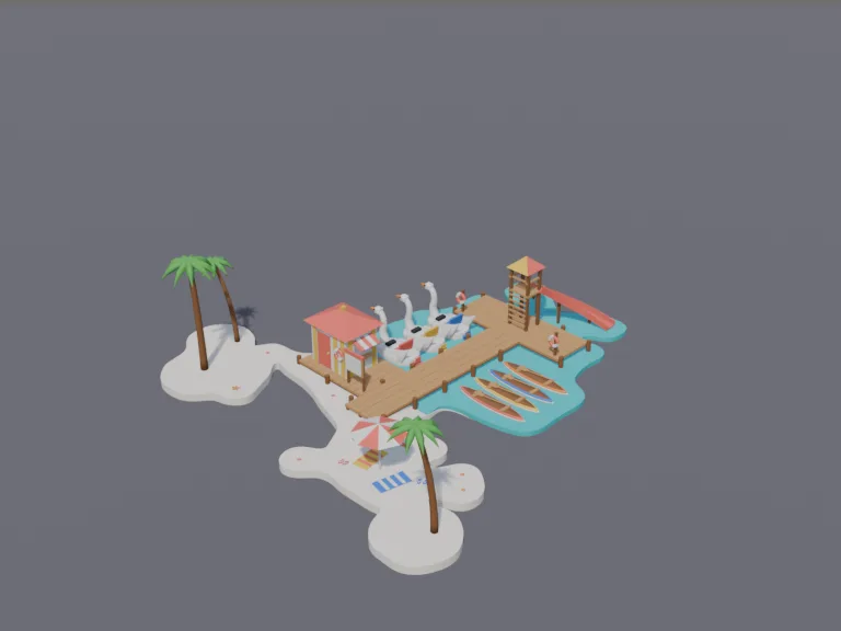 Beach Boat Rental Dock: a low-poly boat rental dock: a wooden dock with a small hut, a row of swan-shaped pedal boats, a row of canoes, life rings and a price board left blank.