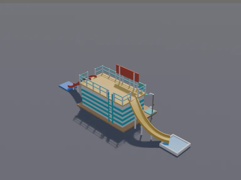 Beach Changing Room: a low-poly changing room block: a row of lockers, an outdoor shower, a bench and a sign board left blank.