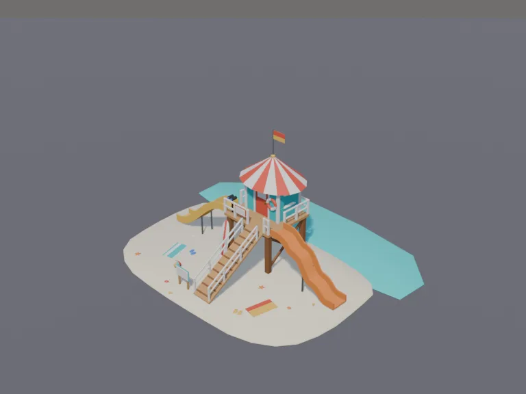 Beach Lifeguard Tower: a low-poly lifeguard tower: a raised wooden lifeguard hut on stilts with a ramp, a red and white striped roof, a rescue float, binoculars, a flag and a…