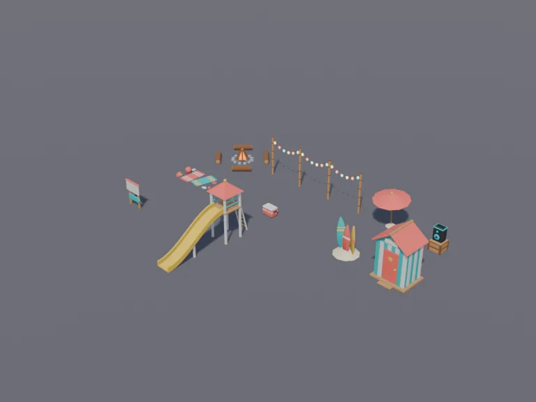 Beach Party Set: a low-poly beach party set: a ring of logs around a stacked bonfire, string lights on bamboo poles, a speaker on a crate, a cooler and surfboards stuck upright…