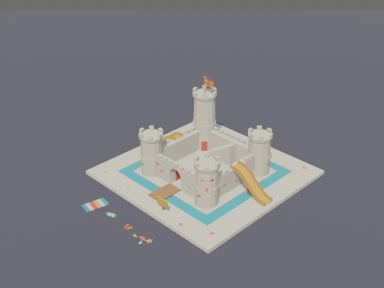 Beach Sandcastle: a low-poly sandcastle: a big sandcastle with four towers, walls with battlements, a gate, a moat dug around it, shells pressed in as decorations and a little…
