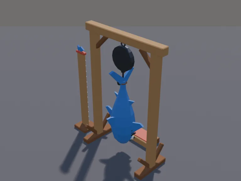 Big Catch Shark Display: a low-poly big catch display: a giant cartoon shark hanging by its tail from a wooden gallows-style scale frame, a big round dial scale, a measuring…