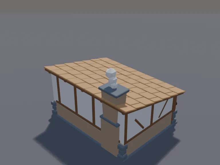 Blacksmith Workshop: a low-poly medieval blacksmith's workshop: a stone and timber building with an open front under a sloped shingle roof, a glowing forge with a big stone…