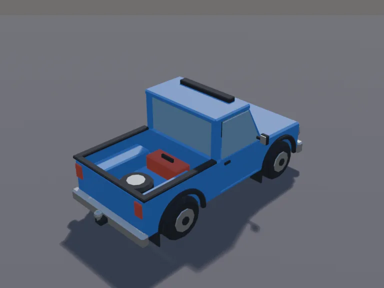 Blue Pickup Truck: a low-poly pickup truck with chunky, friendly shapes: a two-door cab, a wide grille with round headlights, a roof light bar, an open cargo bed holding a…