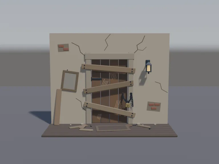 Boarded-Up Doorway: a low-poly boarded-up doorway: a worn wooden door in a cracked plaster frame, nailed shut with crooked planks, a heavy chain and padlock through the handle,…