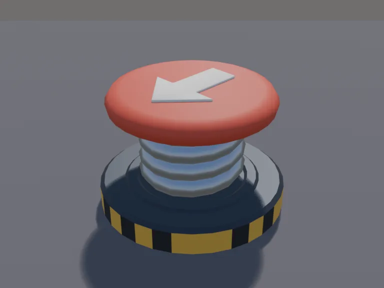 Bouncy Jump Pad: a low-poly bouncy jump pad: a round base, a thick coiled spring, a squishy top pad with an arrow on it, and hazard stripes around the rim.