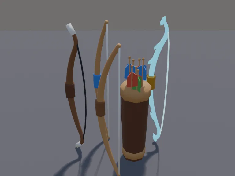 Bow Tier Set: a set of four low-poly bows in rising tiers: a simple bent wooden bow with a cord string, an elegant longbow with silver leaf inlays, and a glowing crystal bow…