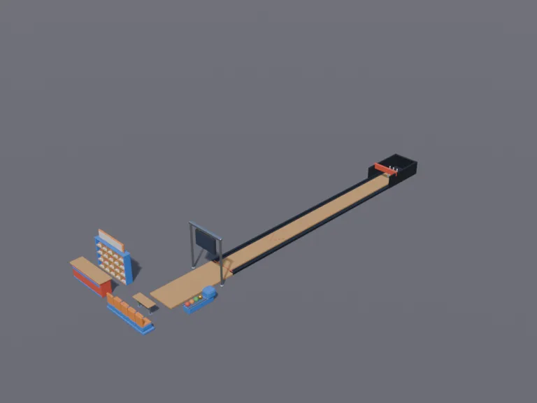 Bowling Alley Set: a low-poly bowling lane set: a polished wooden lane with gutters, a pin deck with ten pins, a ball return with colourful balls, a scoring screen left blank,…