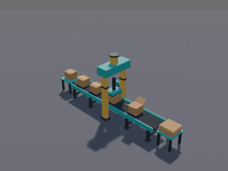 Box Packaging Machine: a low-poly packaging machine: a long machine with a conveyor running through it, a press that stamps cardboard boxes shut, a stack of flat boxes at one…