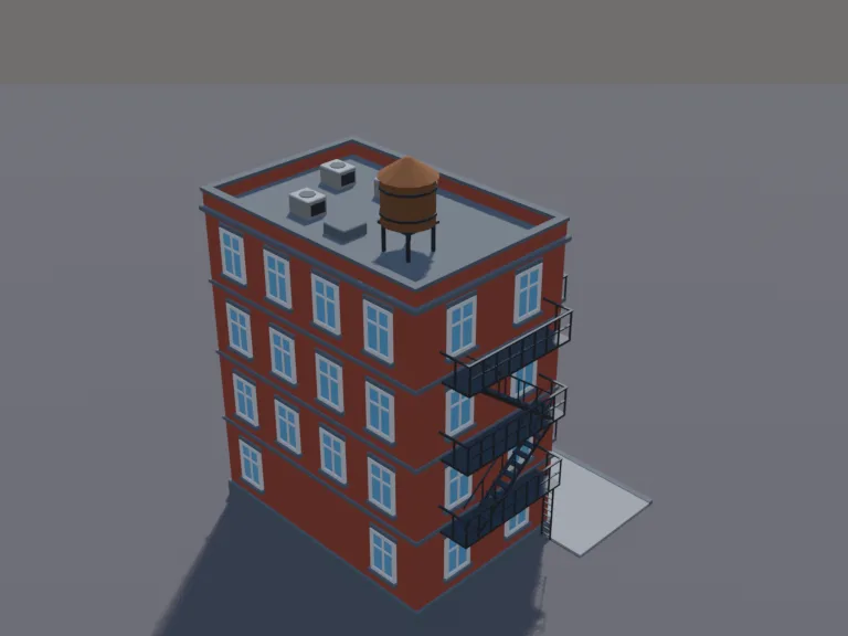 Brick City Apartment: a low-poly city apartment building: a four-storey brick building with rows of windows with white frames, small balconies with railings and potted plants,…
