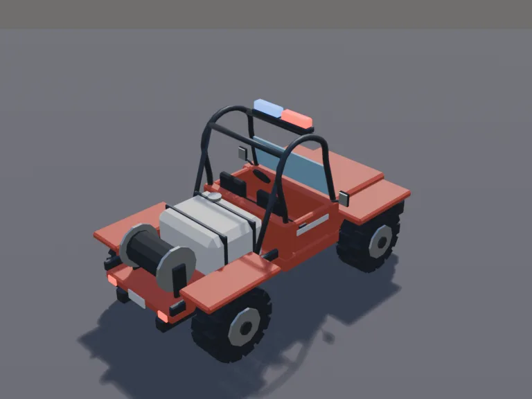 Brush Fire Truck: a low-poly brush fire truck: a small off-road red truck with big knobbly tyres, a water tank and hose reel on the flatbed, a light bar, a roll cage and a…