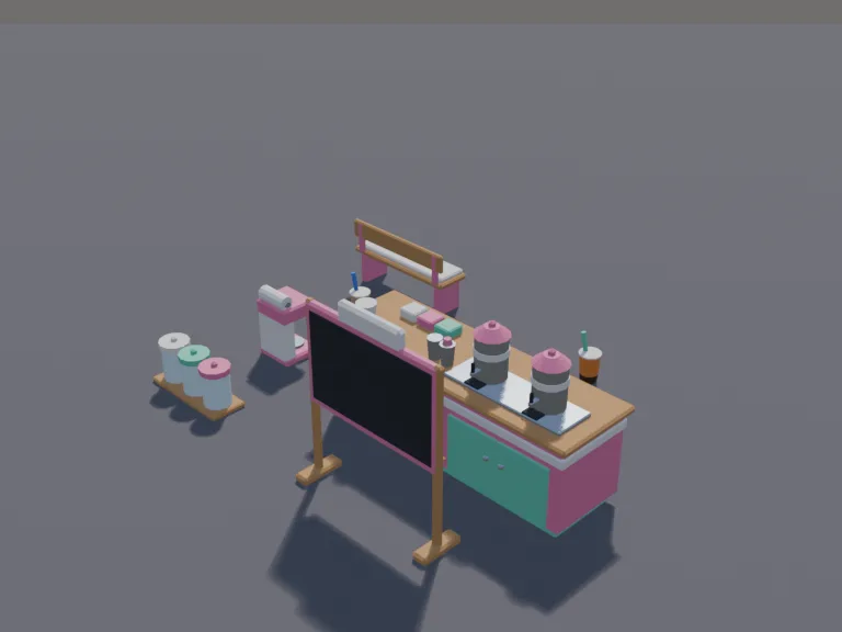 Bubble Tea Shop Set: a low-poly bubble tea shop set: a counter with a tea brewing station, jars of tapioca pearls, a sealing machine, cups with big straws, a menu board left…