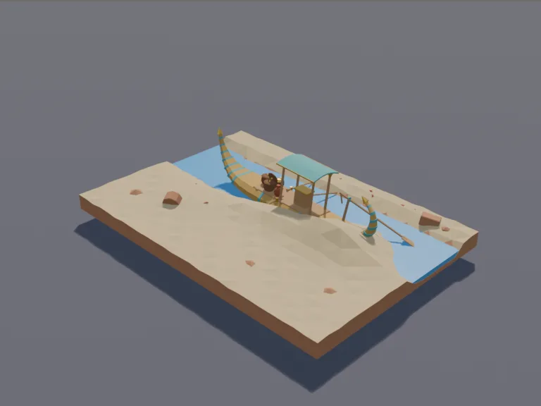 Buried Reed Boat: a low-poly river reed boat: a long curved reed boat with a small canopy, a steering oar at the back and baskets of goods on board, on a short river piece.