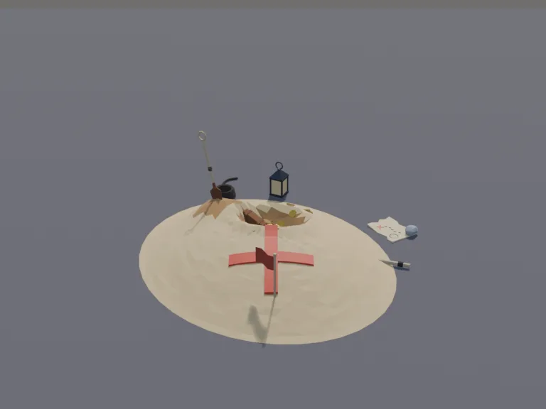 Buried Treasure Dig: a low-poly buried treasure dig: a sandy mound with a big red X, a half-dug hole, a shovel, a pickaxe, a lantern, a torn treasure map held down by a rock…