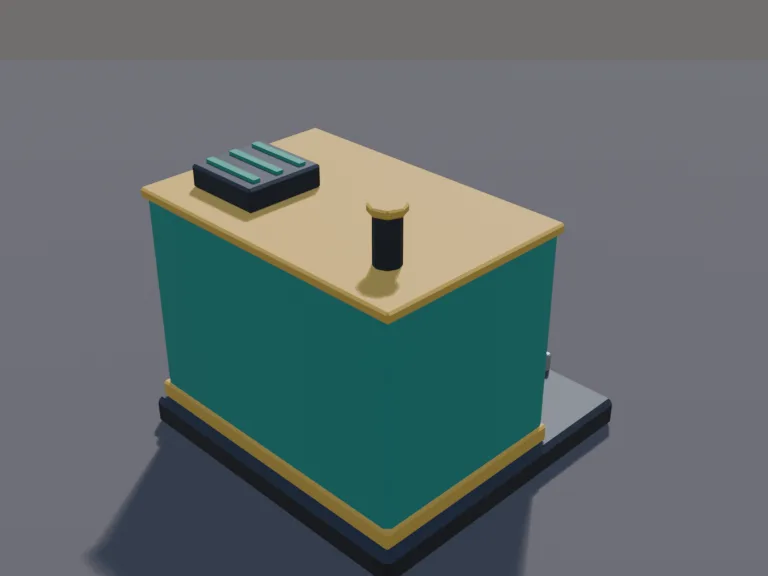 Cash Printer Machine: a low-poly cash printer machine: a boxy green machine with a slot pushing out sheets of bills, a counter display left blank, rollers and gears visible…