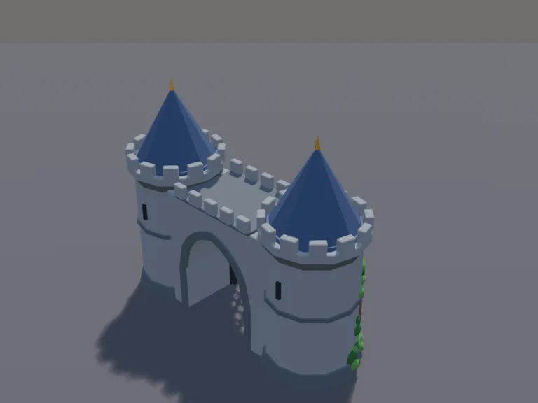 Castle Gatehouse: a low-poly castle gatehouse: two round stone towers with battlements and pointed slate roofs flanking an arched gateway, an iron portcullis that is its own…