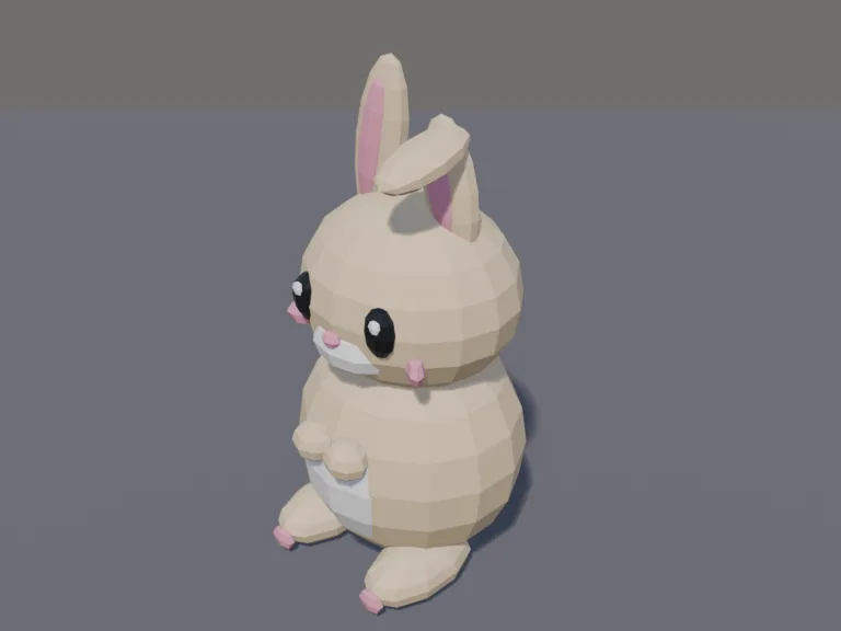 Chunky Bunny Pet: a cute chunky low-poly bunny pet sitting upright: a round body, a big head with long upright ears, large glossy black eyes with a white highlight, a tiny pink…