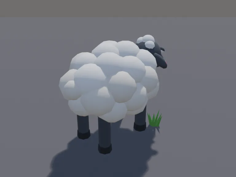 Chunky Cloud Sheep: a cute chunky low-poly sheep standing on all four legs: a big fluffy cloud of cream wool made of chunky rounded lumps, a dark grey face and legs poking out,…