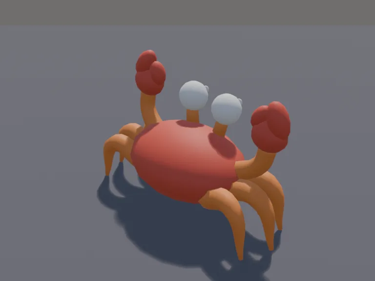 Chunky Crab Pet: a cute chunky low-poly crab pet: two big claws held up, eyes on short stalks, a wide shell and six pointy legs.