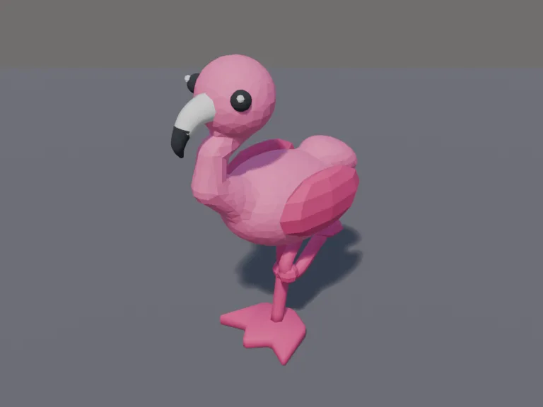 Chunky Flamingo Pet: a cute chunky low-poly flamingo pet: a curvy S-shaped neck, a bent black-tipped beak and long thin legs.