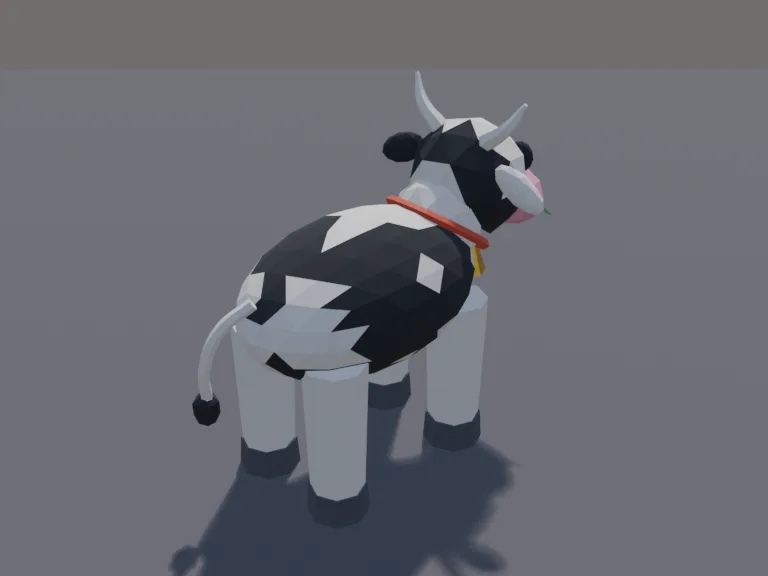 Chunky Low-Poly Cow: a cute chunky low-poly cow standing on all four legs: a black and white patched body, a big head with a pink muzzle and nostrils, small curved horns,…