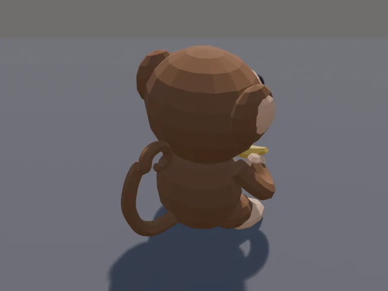 Chunky Monkey Pet: a cute chunky low-poly monkey pet: big round ears, a peach face, a long curly tail and long arms.