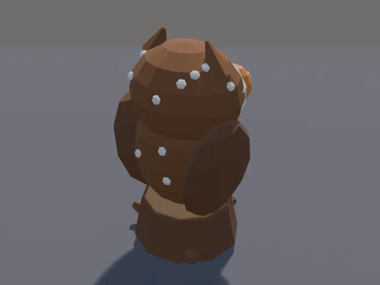 Chunky Owl Pet: a cute chunky low-poly owl pet: huge round orange eyes, feathered ear tufts, a tiny hooked beak and wings folded like a cloak.