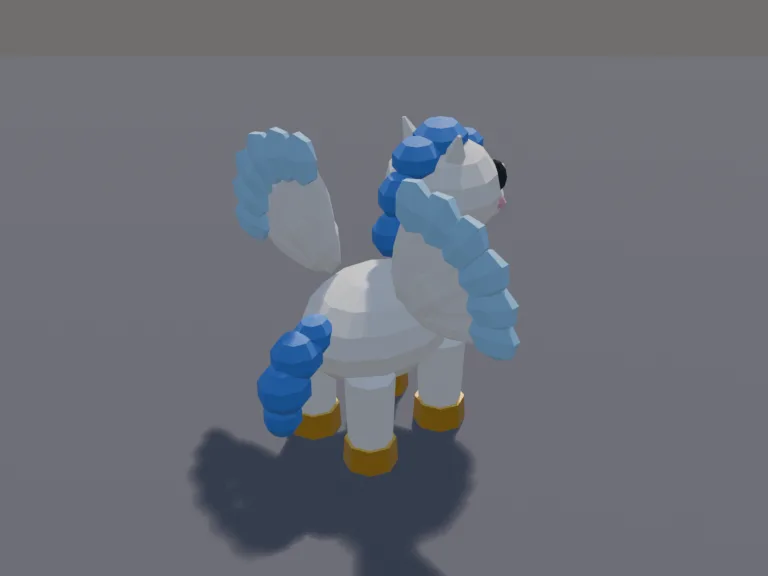 Chunky Pegasus Pet: a cute chunky low-poly pegasus pet: big feathered wings spread out, a flowing blue mane and tail, big gentle eyes and golden hooves.
