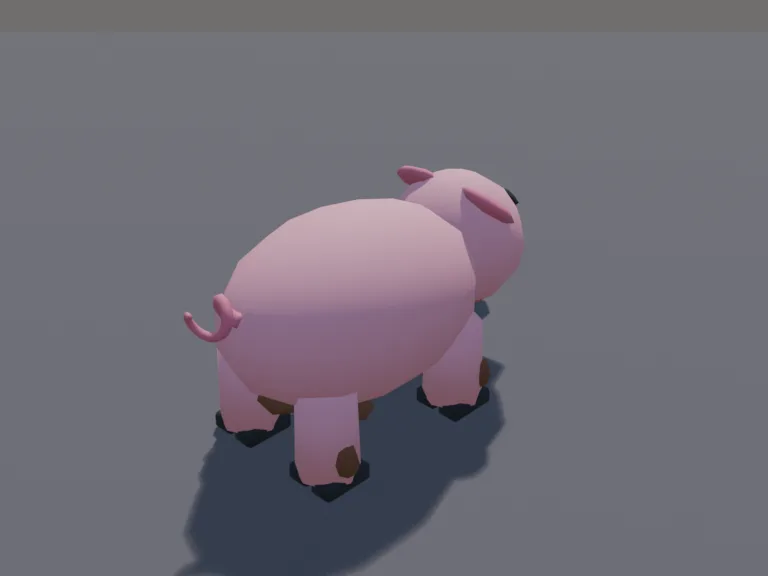 Chunky Pig with Apples: a cute chunky low-poly pig standing on all four short legs: a round pink body, a big snout with two nostrils, floppy ears, small happy eyes, a curly…