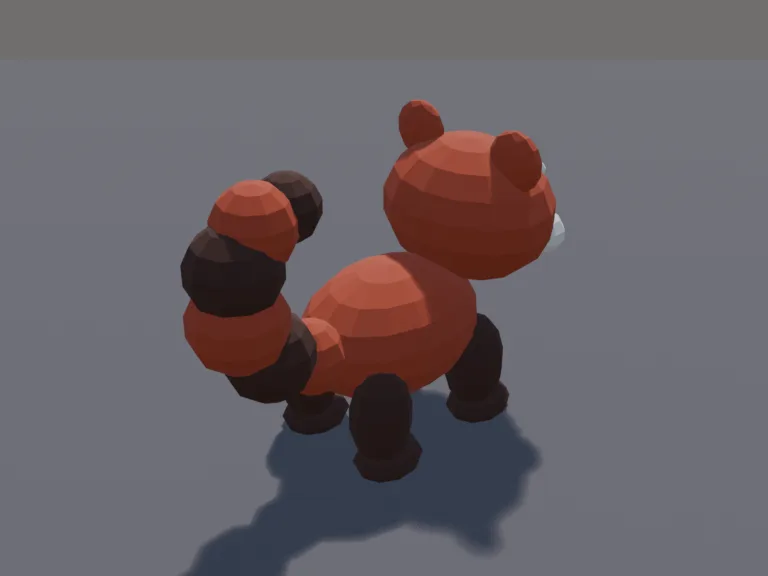 Chunky Red Panda Pet: a cute chunky low-poly red panda pet: a white-tipped face with tear marks, big fluffy ringed tail, round ears and dark legs.