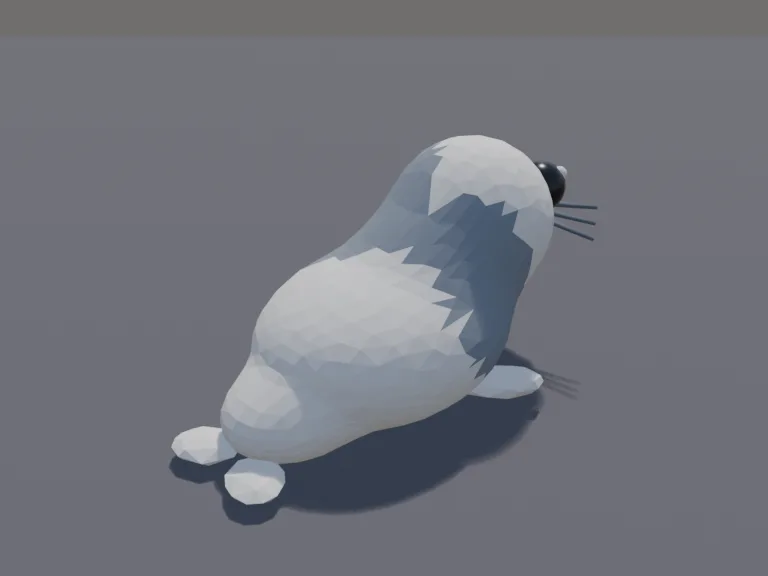 Chunky Seal Pup: a cute chunky low-poly seal pup pet: huge glossy black eyes, whiskers, a round chubby body and little flippers.