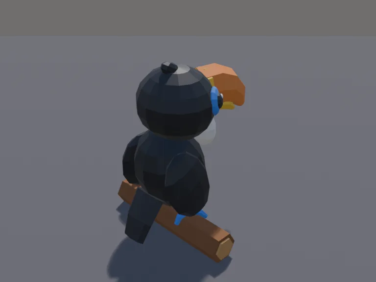Chunky Toucan Pet: a cute chunky low-poly toucan pet: an oversized orange and yellow banana-shaped beak, a white throat and blue eye rings.