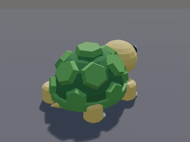 Chunky Turtle Pet: a cute chunky low-poly turtle pet: a high domed shell with hexagon plates, a round smiling face, stubby legs and a tiny tail.